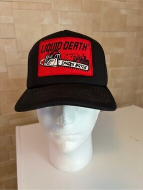 Liquid Death Black Trucker Hat with Red Patch